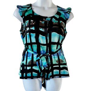 Worthington Womens Button Sleeveless Top with Belt Blue Gray Black Size Medium